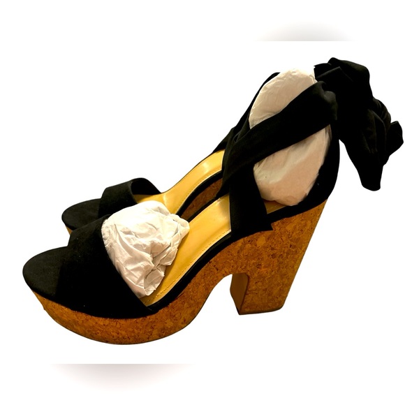 Black Cork Chunky Lace Up Sandals - Picture 1 of 8